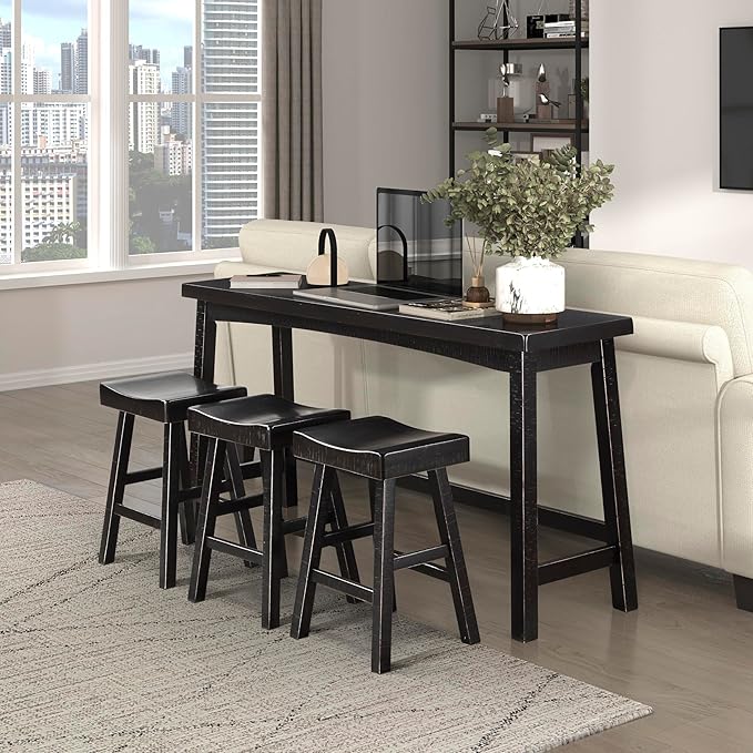 Lexicon Bar Table Set for 3, Small Kitchen table set Kitchen Island Table with 3 Saddle Bar Stools, 4 Piece Dining Table Set for Breakfast Nook, Living Room, Apartment, Counter Height, Black - LeafyLoom