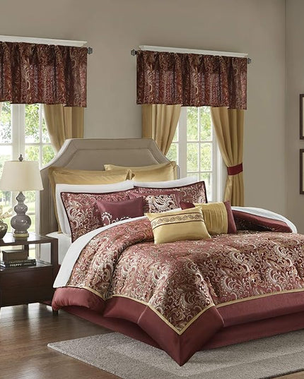 Madison Park Essentials Brystol 24 Piece Room in a Bag Faux Silk Comforter Jacquard Paisley Design Matching Curtains Down Alternative Hypoallergenic All Season Bedding-Set, King (104 in x 92 in), Red - LeafyLoom