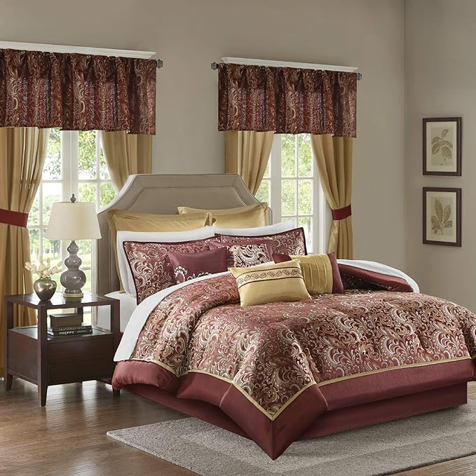 Madison Park Essentials Brystol 24 Piece Room in a Bag Faux Silk Comforter Jacquard Paisley Design Matching Curtains Down Alternative Hypoallergenic All Season Bedding-Set, Queen (90 in x 90 in), Red - LeafyLoom