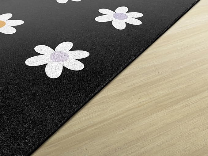 Flagship Carpets Schoolgirl Style Daisies on Black Criss-Cross Applesauce Educational Area Rug for Kids Room, Children's Classroom, Play Carpet for Teaching and Playroom, 5' x 7'6", Seats 20 - LeafyLoom
