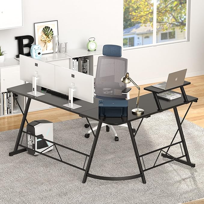 Mr IRONSTONE 63" L Shaped Computer Desk, Corner Desk, Home Office Desk, Gaming Writing Workstation with Large Monitor Stand, Easy to Assemble, Black Willow - LeafyLoom