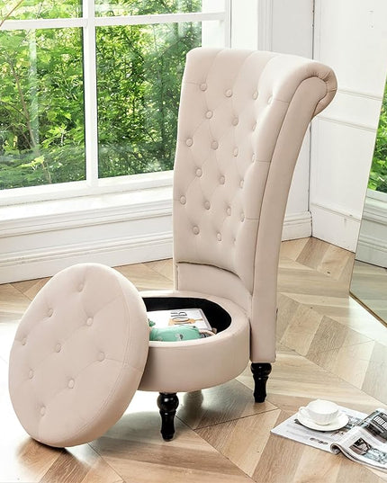 Royal High-Back Velvet Accent Chair for Vanity with Storage and Luxurious Upholstery, Retro Design and Versatile Usage for Living Room, Bedroom, Lounge and Office, Ivory - LeafyLoom