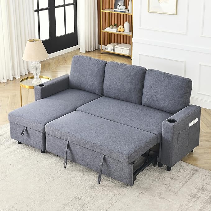 Reversible Sleeper Sectional Sofa with Storage Chaise and Pull Out Bed, L Shaped Linen Upholstery Convertible Corner Couch Sofabed with Cup Holders & Side Pockets for Living Room Office - LeafyLoom