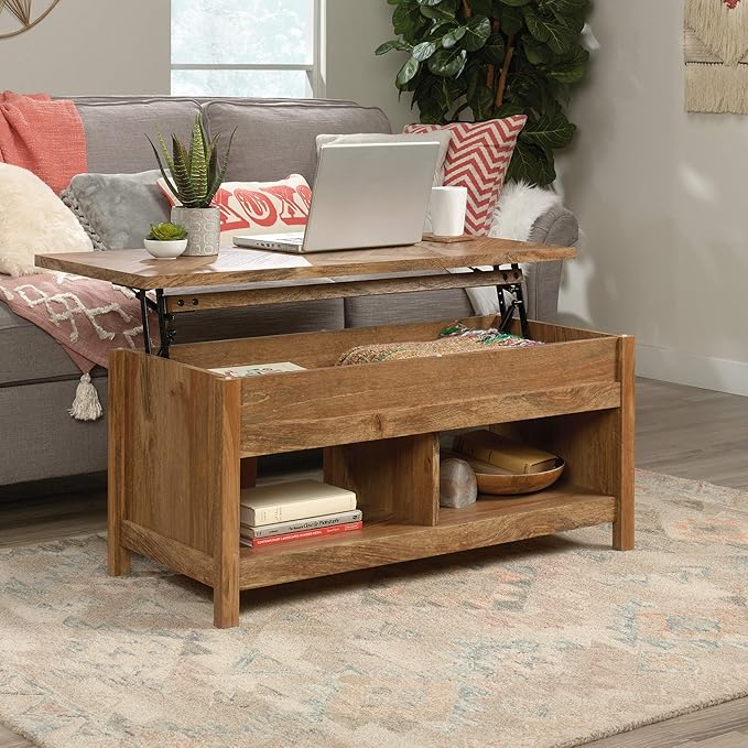 Sauder Cannery Bridge Lift Top Coffee Table, L: 43.15" x W: 19.45" x H: 19.02", Sindoori Mango finish - LeafyLoom