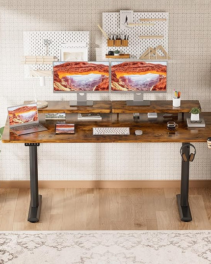 Electric Standing Desk with Monitor Shelf, 63 x 27 Inches Height Adjustable Corner Table, Computer Workstation with Cup Holder and Hook for Home Office, Brown, 63x27 Inch, Rustic Brwon - LeafyLoom