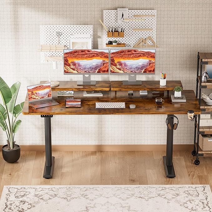 Electric Standing Desk with Monitor Shelf, 63 x 27 Inches Height Adjustable Corner Table, Computer Workstation with Cup Holder and Hook for Home Office, Brown, 63x27 Inch, Rustic Brwon - LeafyLoom