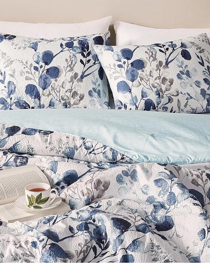 Codi Floral Queen Comforter Set for Womens, Spring Lavender Bedding Sets with Soft Seersucker 3pcs - 1 Flower Comforters and 2 Pillows Case, Blue - LeafyLoom