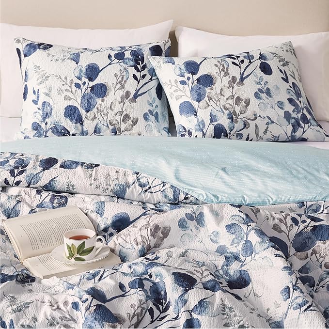 Codi Floral Queen Comforter Set for Womens, Spring Lavender Bedding Sets with Soft Seersucker 3pcs - 1 Flower Comforters and 2 Pillows Case, Blue - LeafyLoom