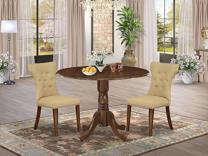 East West Furniture DLGA3-AWA-03 Dublin 3 Piece Dining Room Set Contains a Round Kitchen Table with Dropleaf and 2 Parson Chairs, 42x42 Inch - LeafyLoom