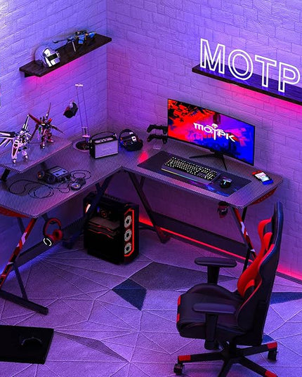 MOTPK L Shaped Gaming Desk with Carbon Fiber Surface, Corner Computer Desk L Shape with Monitor Shelf, Gamer Desk Gaming Table with Cup Holder & Headphone Hook, Black, 51 Inch - LeafyLoom