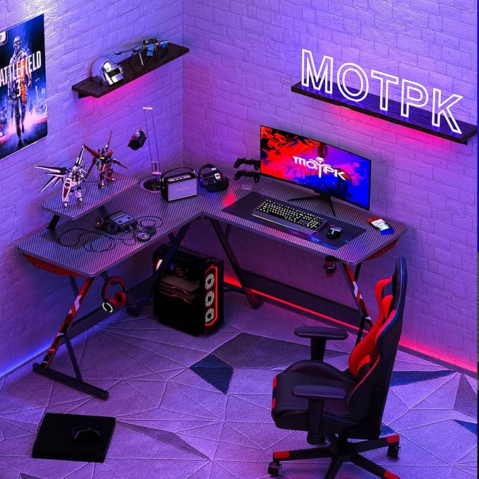 MOTPK L Shaped Gaming Desk with Carbon Fiber Surface, Corner Computer Desk L Shape with Monitor Shelf, Gamer Desk Gaming Table with Cup Holder & Headphone Hook, Black, 51 Inch - LeafyLoom