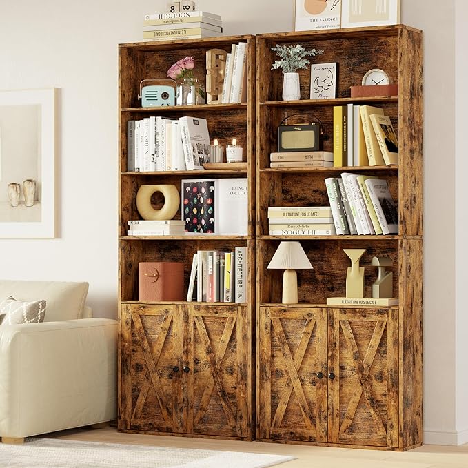 IRONCK Industrial Bookshelves and Bookcases with Doors Set of 2 Floor Standing 6 Shelf Display Storage Shelves 70 in Tall Bookcase for Home Office, Living Room - LeafyLoom