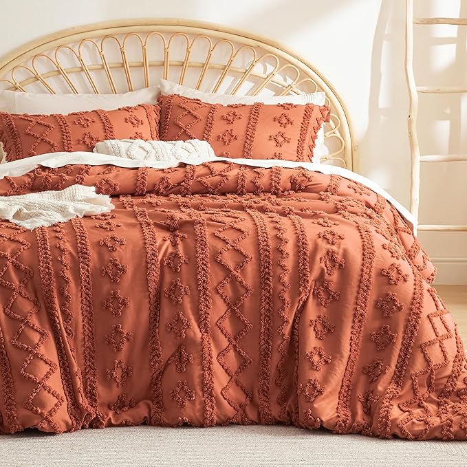 Bedsure Tufted Boho Comforter Set King - Terracotta Boho Bedding Comforter Set, 3 Pieces Farmhouse Shabby Chic Embroidery Bed Set, Soft Jacquard Comforter for Women Men Girls - LeafyLoom
