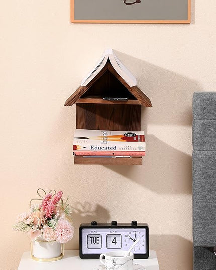 Floating Bedside Wood Bookshelf, Triangle Book Page Holder, Wooden Simple Bookcase for Bedroom Nightstand Library Office or Wall Decor Storage (Brown - LeafyLoom