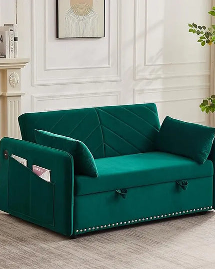 3 in 1 Multifunctional Pull Out Sofa Bed, Convertible Sleeper Couch Futon Loveseat with Reclining Backrest USB Ports and Side Pockets, Adjustable Chaise Lounge Pullout Sofabed for Living Room - LeafyLoom