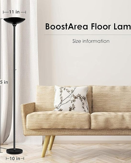 BoostArea Torchiere Floor Lamp, 24W Super Bright LED Standing Lamp, Stepless Dimmable Pole Lamp with 3000K Lighting, Rotary Switch, 70 Inch Tall Metal Modern Floor lamps for Living Room/Bedroom Black - LeafyLoom