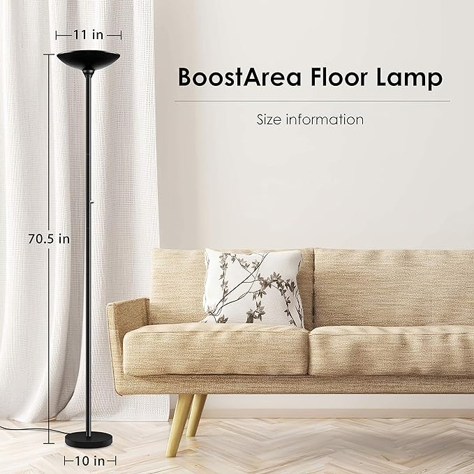 BoostArea Torchiere Floor Lamp, 24W Super Bright LED Standing Lamp, Stepless Dimmable Pole Lamp with 3000K Lighting, Rotary Switch, 70 Inch Tall Metal Modern Floor lamps for Living Room/Bedroom Black - LeafyLoom