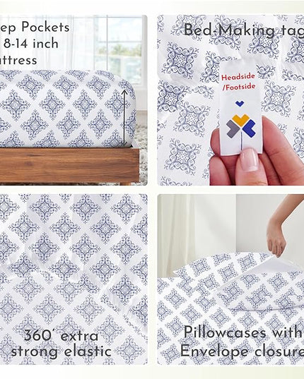 California Design Den Queen Bed Sheet Set, 100% Cotton Sateen Printed Pattern, 4 Pc Deep Pocket Queen Sheets & Pillowcase Set - Filigree - LeafyLoom