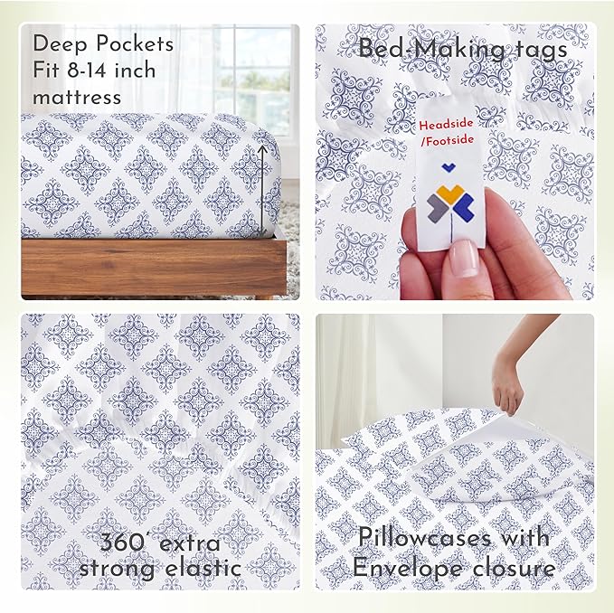 California Design Den Queen Bed Sheet Set, 100% Cotton Sateen Printed Pattern, 4 Pc Deep Pocket Queen Sheets & Pillowcase Set - Filigree - LeafyLoom