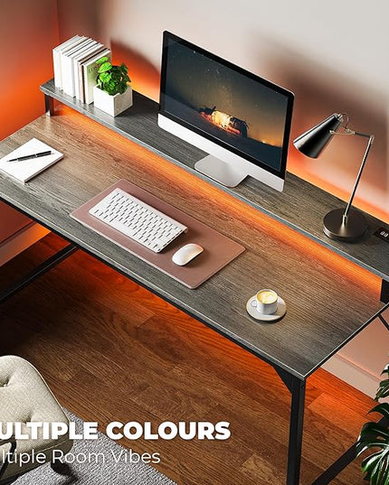 SUPERJARE 55 inch Computer Desk with LED Lights & Power Outlets, Gaming Desk with Monitor Shelf, Small Office Desk for Home & Office, Grey - LeafyLoom