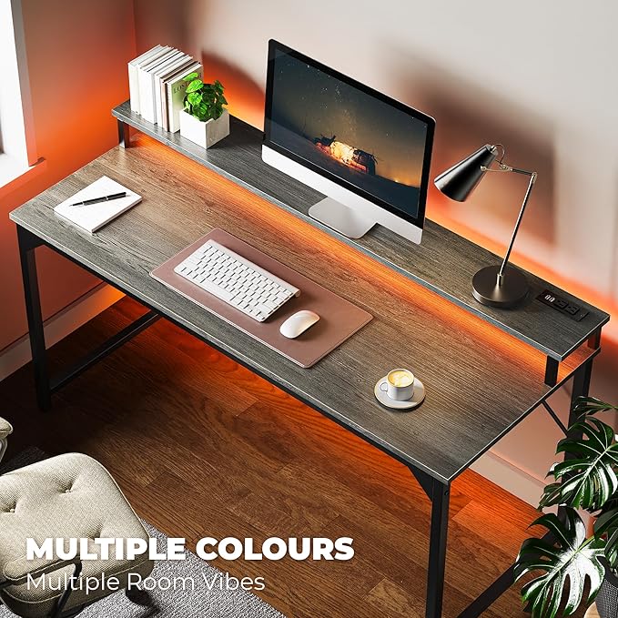 SUPERJARE 55 inch Computer Desk with LED Lights & Power Outlets, Gaming Desk with Monitor Shelf, Small Office Desk for Home & Office, Grey - LeafyLoom