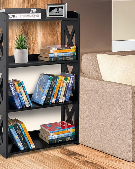 Black Bookshelf, Natural Wood Bookshelf, 4 Tier Bookcase, Open Bookshelf, bookshelves Freestanding Display Storage Shelves for Bedroom, Living Room and Office (Black) - LeafyLoom