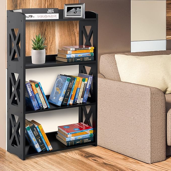 Black Bookshelf, Natural Wood Bookshelf, 4 Tier Bookcase, Open Bookshelf, bookshelves Freestanding Display Storage Shelves for Bedroom, Living Room and Office (Black) - LeafyLoom