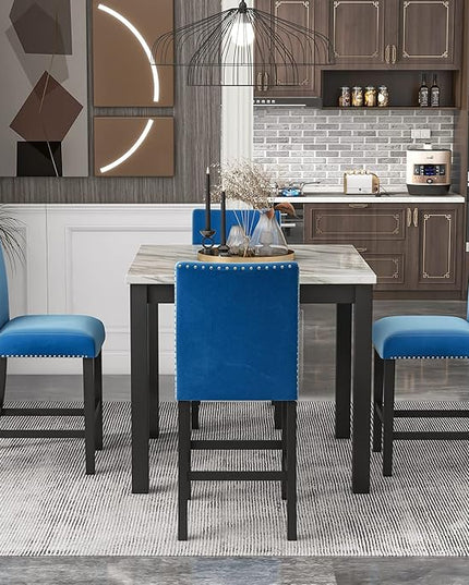 5-piece Counter Height Dining Set One Faux Marble Table and 4 Upholstered-Seat Chairs for Kitchen and Living Room Furniture, Blue - LeafyLoom