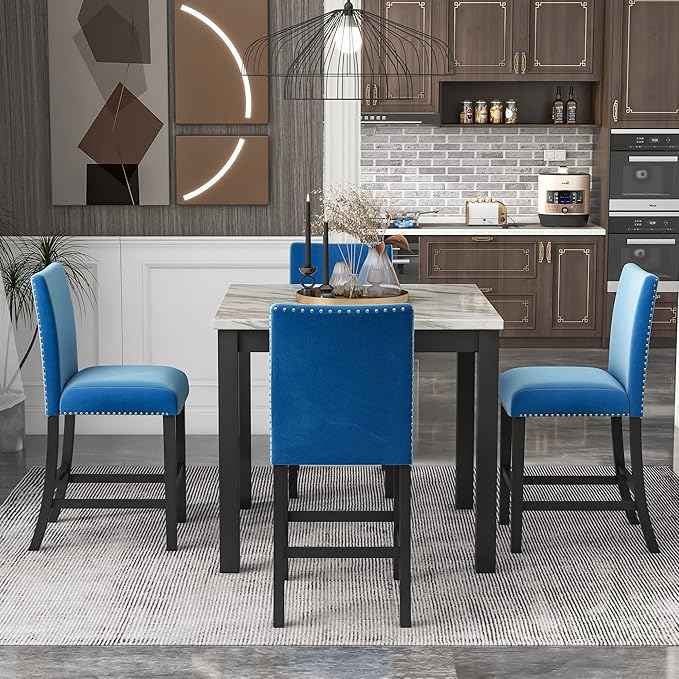 5-piece Counter Height Dining Set One Faux Marble Table and 4 Upholstered-Seat Chairs for Kitchen and Living Room Furniture, Blue - LeafyLoom