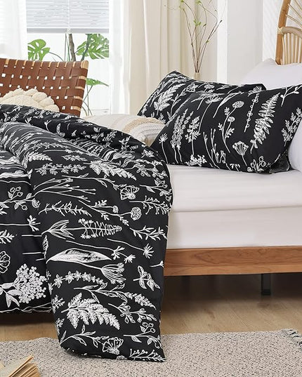 JANZAA Queen,3 PCS Floral Comforter Set with Comforter, Black, Soft Microfiber Bedding Set with 2 Pillow Cases - LeafyLoom