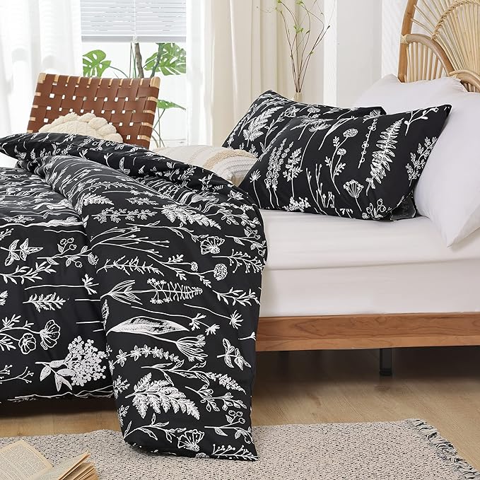 JANZAA Queen,3 PCS Floral Comforter Set with Comforter, Black, Soft Microfiber Bedding Set with 2 Pillow Cases - LeafyLoom
