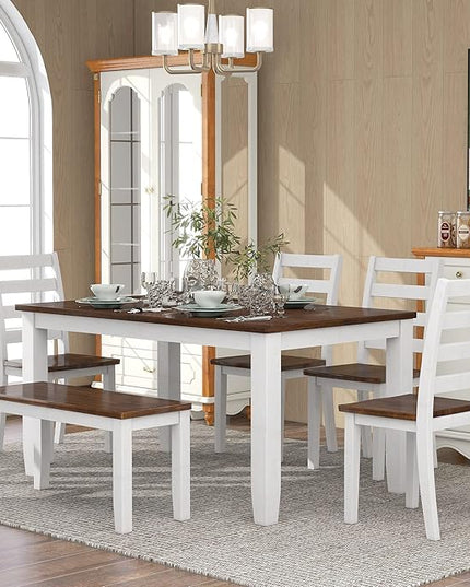 6-Piece Rustic Style Dining Set-Rectangular Wood Kitchen Table, 4 Chairs, and 1 Bench with Plush Upholstered Cushions, Walnut + Cottage White, Onesize - LeafyLoom