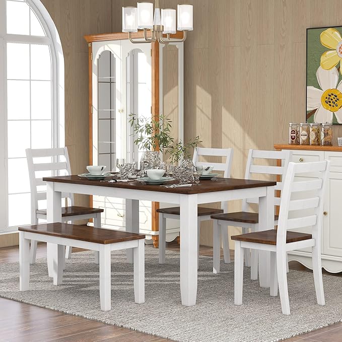 6-Piece Rustic Style Dining Set-Rectangular Wood Kitchen Table, 4 Chairs, and 1 Bench with Plush Upholstered Cushions, Walnut + Cottage White, Onesize - LeafyLoom