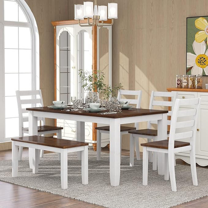 Rustic Style 6-Piece Dining Room Table Set with 4 Ergonomic Designed Chairs & a Bench, Walnut + Cottage White, 60" L x 36" W x 30" H - LeafyLoom