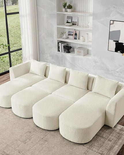 U Shape Sectional Sofa Chaises and Two Removable Ottoman, Upholstered Modular Couch w/Pillows for for Living Room, Office, DIY Combination, Beige, 117" - LeafyLoom