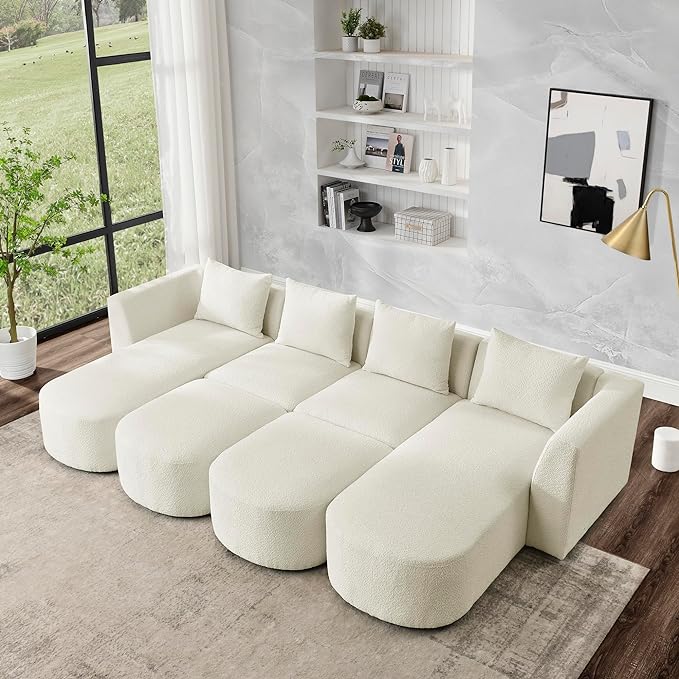 U Shape Sectional Sofa Chaises and Two Removable Ottoman, Upholstered Modular Couch w/Pillows for for Living Room, Office, DIY Combination, Beige, 117" - LeafyLoom