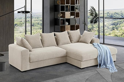 110" Modern L-shaped Sectional Sofa with Big Chaise,Upholstered Sleeper Couch W/ 6 Throw Pillows & Generously Armrests,Easy Assembly,Spacious Loveseat for Living Room Apartment Home,Beige - LeafyLoom