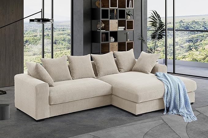 110" Modern L-shaped Sectional Sofa with Big Chaise,Upholstered Sleeper Couch W/ 6 Throw Pillows & Generously Armrests,Easy Assembly,Spacious Loveseat for Living Room Apartment Home,Beige - LeafyLoom