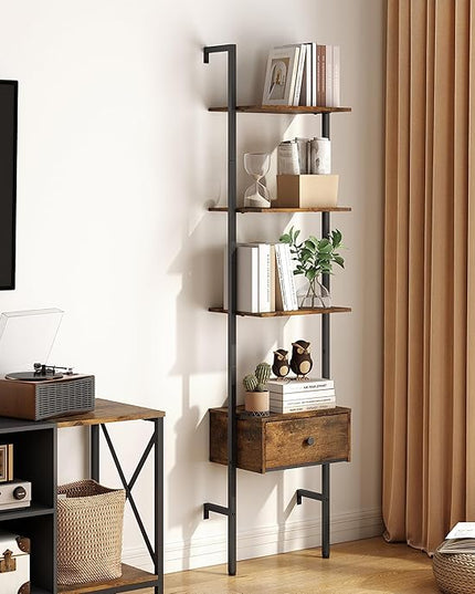 Tajsoon Ladder Shelf, Tall Bookcase with Storage Drawers, 4-Tier Wood Wall Mounted Bookshelf, Open Display Rack, Storage Shelves for Bedroom, Home Office, Collection, Plant Flower, Rustic Brown - LeafyLoom