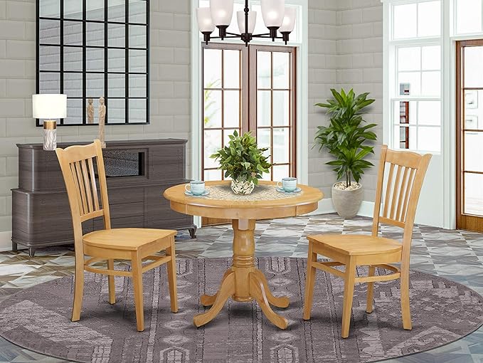 East West Furniture ANGR3-OAK-W 3 Piece Kitchen Set Contains a Round Room Table with Pedestal and 2 Dining Chairs, 36x36 Inch - LeafyLoom