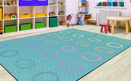 Flagship Carpets Smiley Circle Sampler Abstract Educational Area Rug for Kids Room Seating Décor, Children's Classroom, Play Carpet for Teaching and Playroom, Seats 24, 7'6"x12', Blue & Multi - LeafyLoom