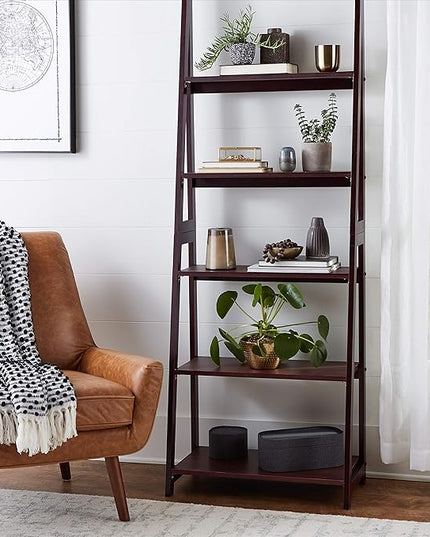 Amazon Basics Modern 5-Tier Ladder Bookshelf Organizer, Solid Rubberwood Frame, Walnut Finish, 14" D x 24.8" W x 70.1" H - LeafyLoom
