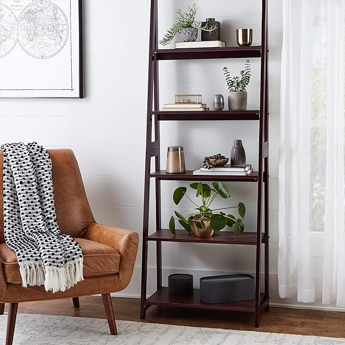 Amazon Basics Modern 5-Tier Ladder Bookshelf Organizer, Solid Rubberwood Frame, Walnut Finish, 14" D x 24.8" W x 70.1" H - LeafyLoom