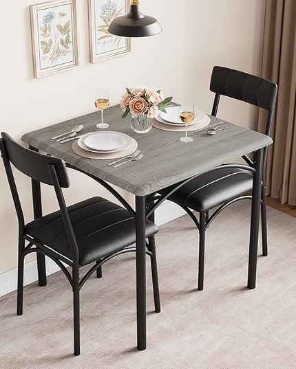 IDEALHOUSE Dining Table Set, Kitchen Table and Chairs for 2, Metal and Wood Square Dining Room Table Set with 2 Upholstered Chairs, 3 Piece Dining Table Set for Small Space, Apartment, Rustic Grey - LeafyLoom