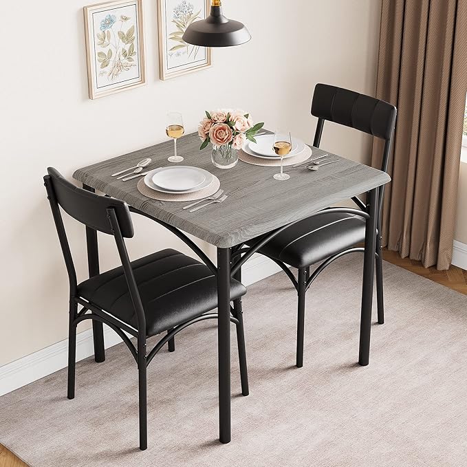 IDEALHOUSE Dining Table Set, Kitchen Table and Chairs for 2, Metal and Wood Square Dining Room Table Set with 2 Upholstered Chairs, 3 Piece Dining Table Set for Small Space, Apartment, Rustic Grey - LeafyLoom