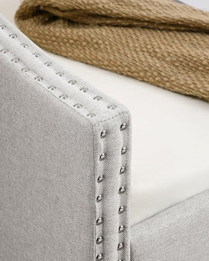 Size Upholstered Daybed with Twin Trundle, Solid Wooden Bed Frame w/Button Tufted Backrest and Copper Nail on Waved Shape Arms, No Spring Box Need, for Living Room, Bedroom, Dorm, Beige - LeafyLoom
