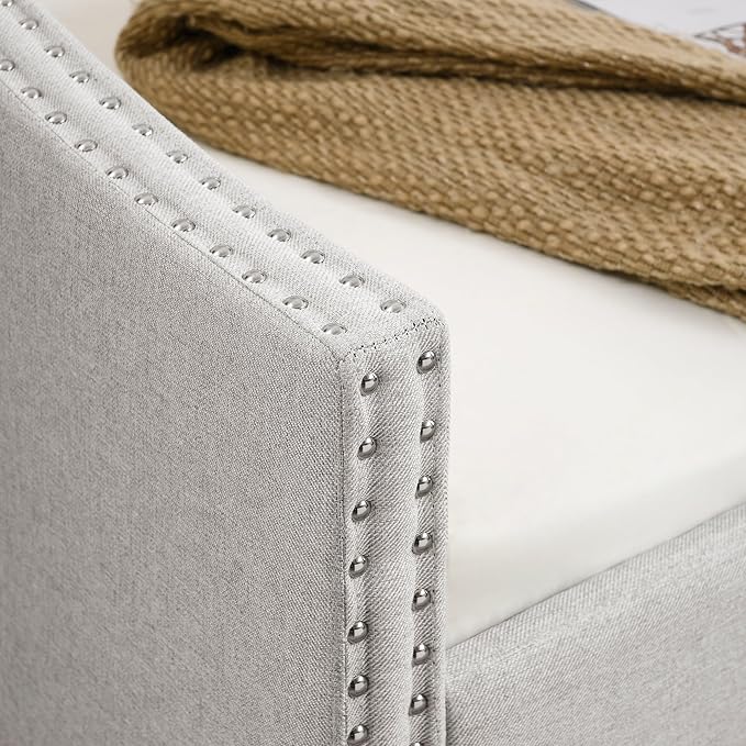 Size Upholstered Daybed with Twin Trundle, Solid Wooden Bed Frame w/Button Tufted Backrest and Copper Nail on Waved Shape Arms, No Spring Box Need, for Living Room, Bedroom, Dorm, Beige - LeafyLoom