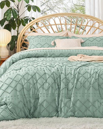 Bedsure Full Size Comforter Set - Sage Green Comforter, Boho Tufted Shabby Chic Bedding Comforter Set, 3 Pieces Farmhouse Bed Set for All Seasons, Fluffy Soft Bedding Set with 2 Pillow Shams - LeafyLoom