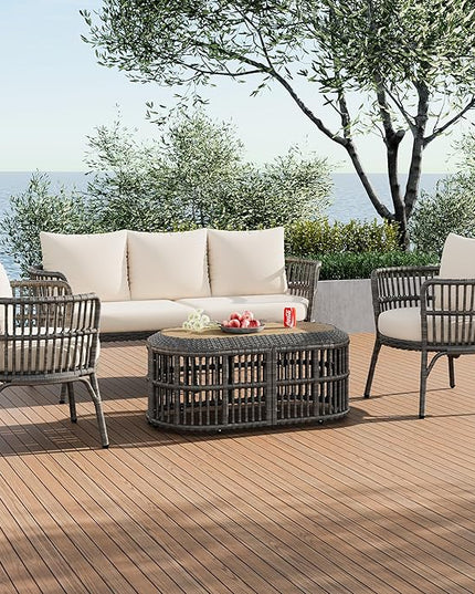 Furniture 4-Piece Outdoor Patio Conversation Seating for 5 Person and Coffee Table, Rattan Chair Wicker Sofa Bistro Sets for Porch, Backyard and Garden, Grey - LeafyLoom