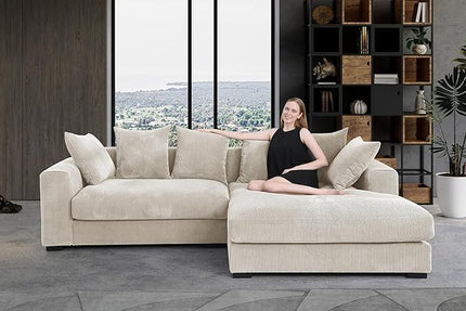 110" Modern L-shaped Sectional Sofa with Big Chaise,Upholstered Sleeper Couch W/ 6 Throw Pillows & Generously Armrests,Easy Assembly,Spacious Loveseat for Living Room Apartment Home,Beige - LeafyLoom